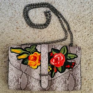 Flower embroidered snake skin print crossbody